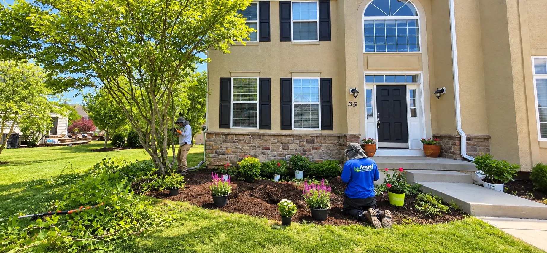 Angel Landscaping crew planting flowers and shrubs in front yard beds at a Somerset County home