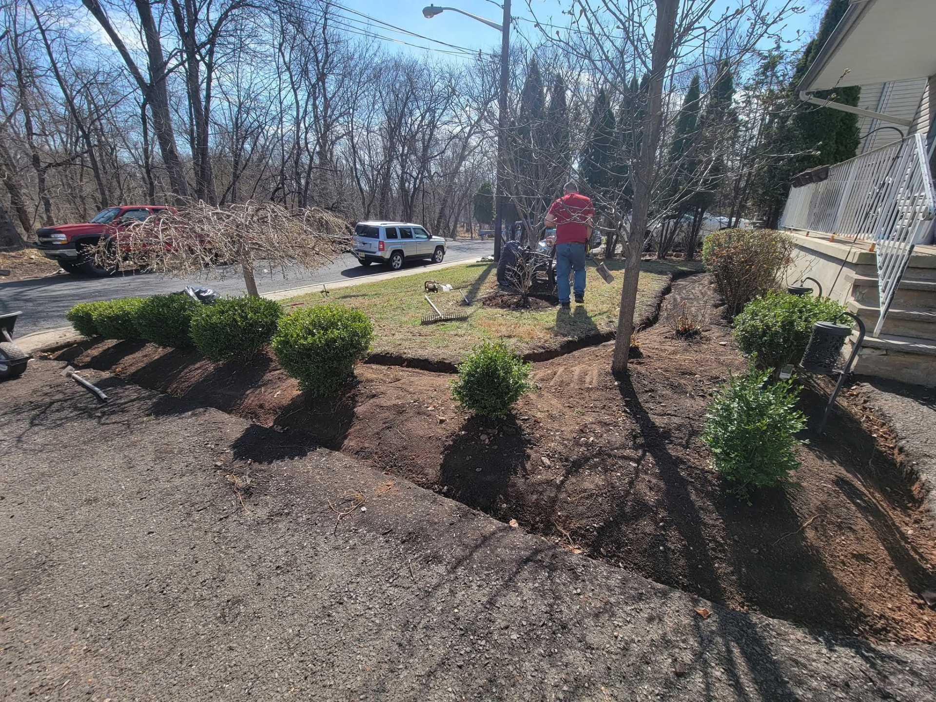 Freshly edged and tilled planting beds with new boxwoods along a front walkway in Manville, NJ