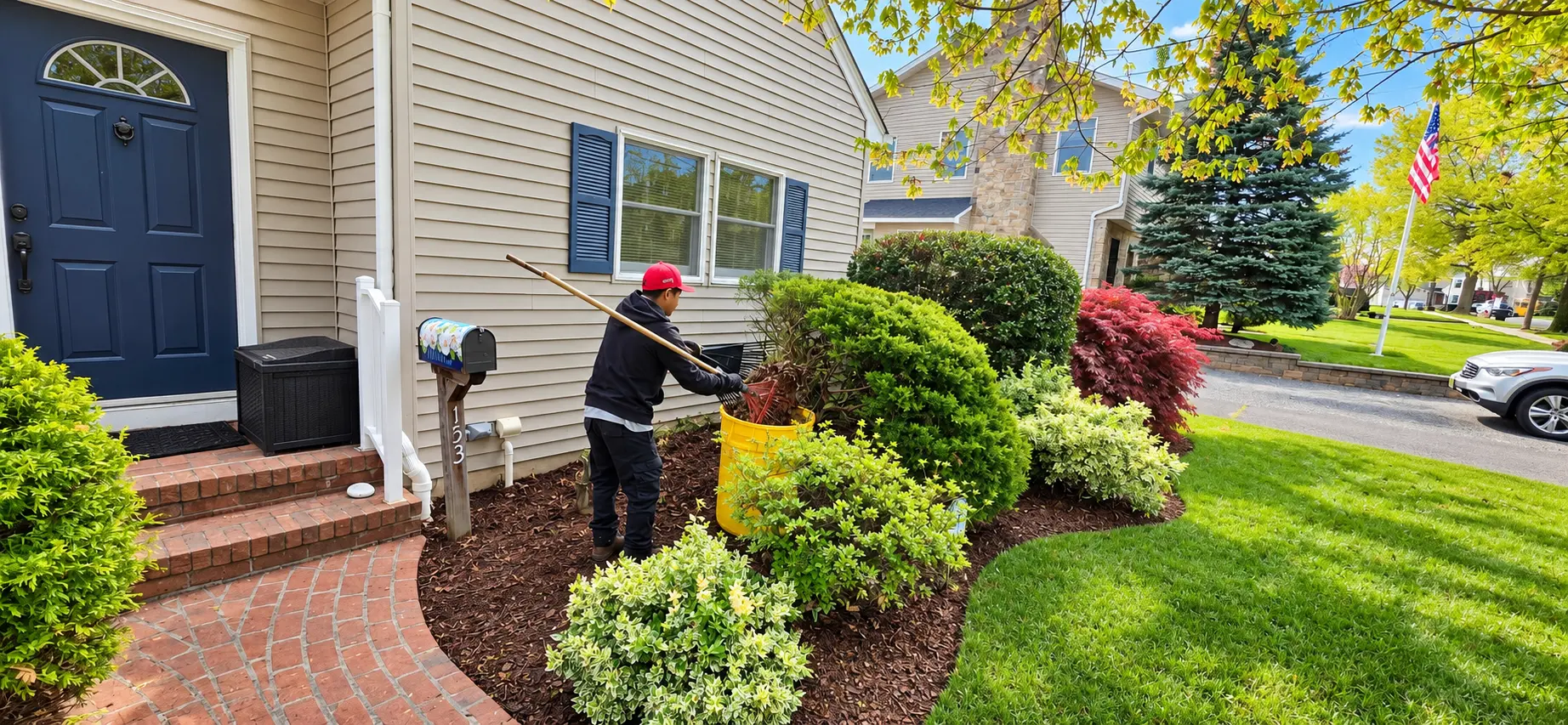Raking leaves and debris out of front foundation beds during a seasonal cleanup