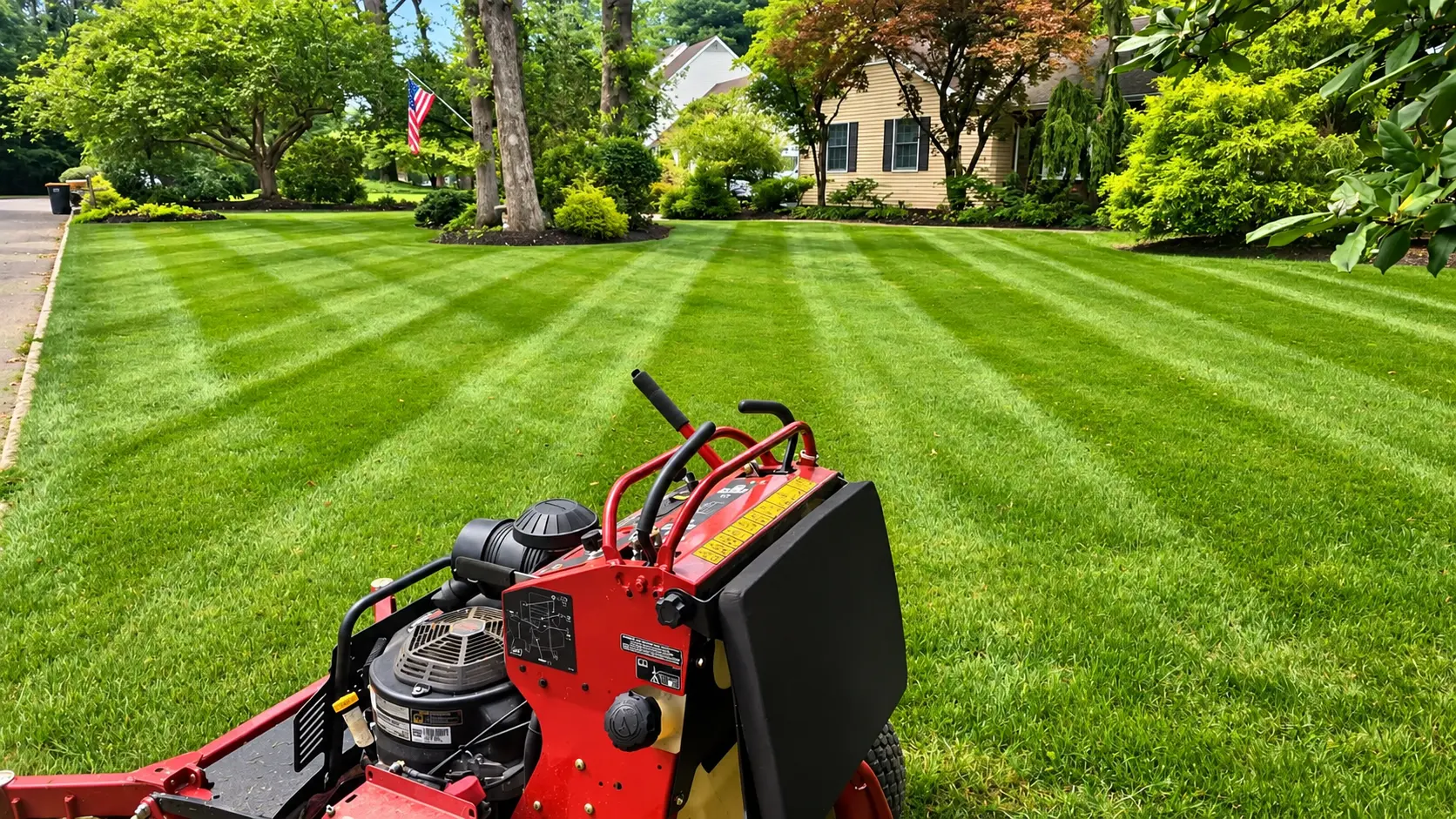 Freshly striped front lawn after mowing by Angel Landscaping Services in Somerset County, NJ