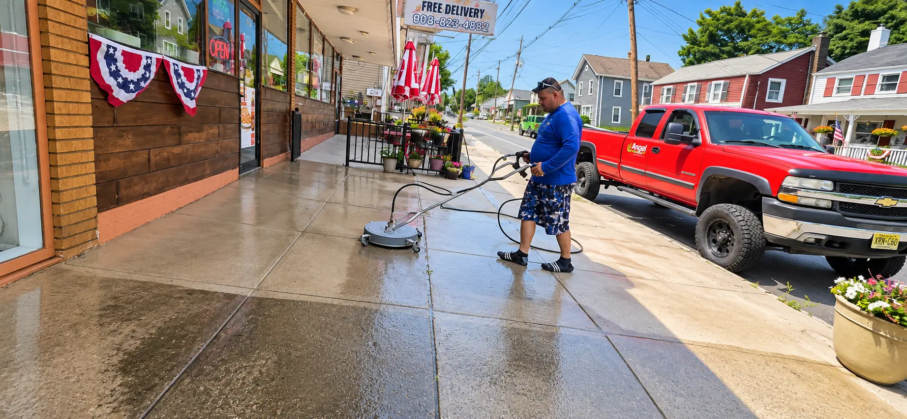 Power washing a storefront sidewalk with a surface cleaner next to the Angel Landscaping truck