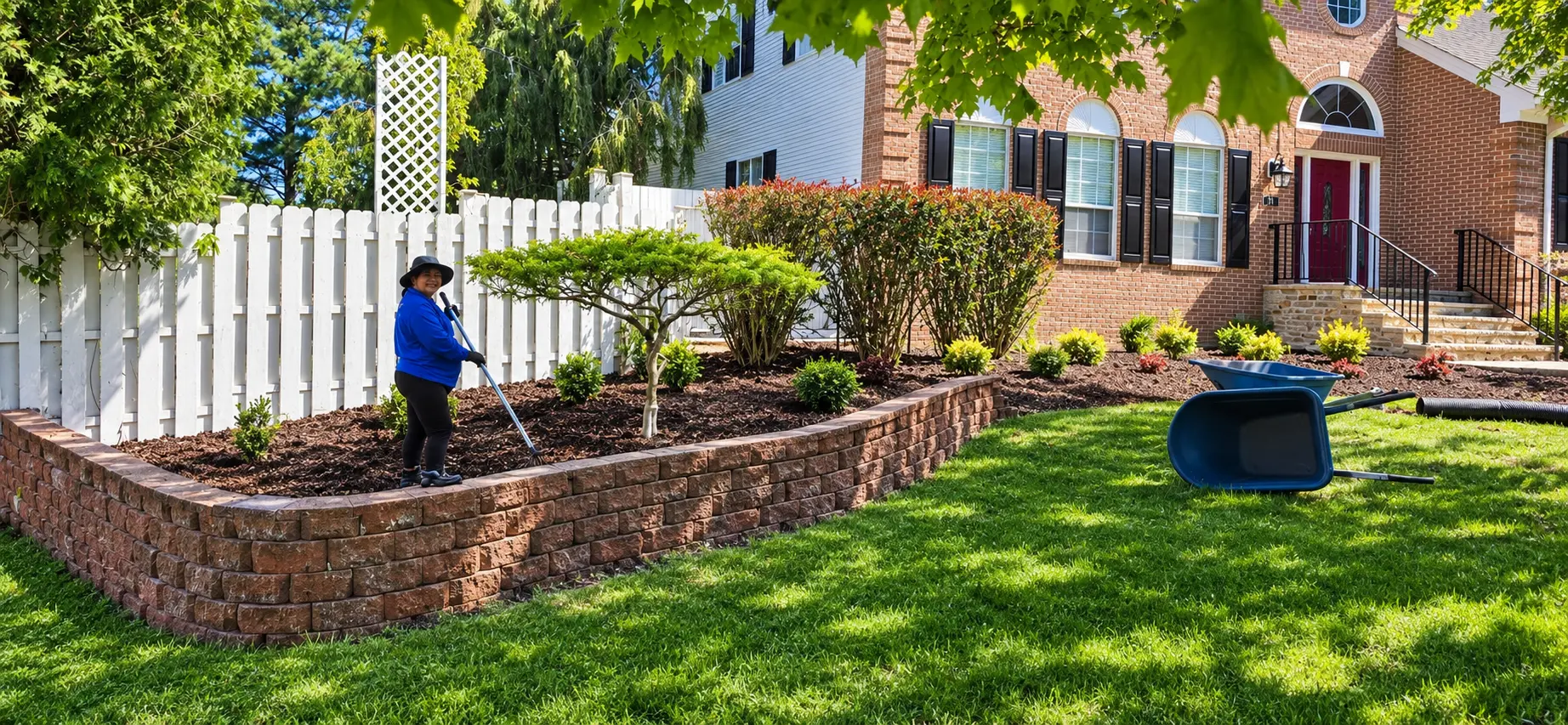 Angel Landscaping crew member raking fresh mulch in a raised stone bed at a New Jersey home