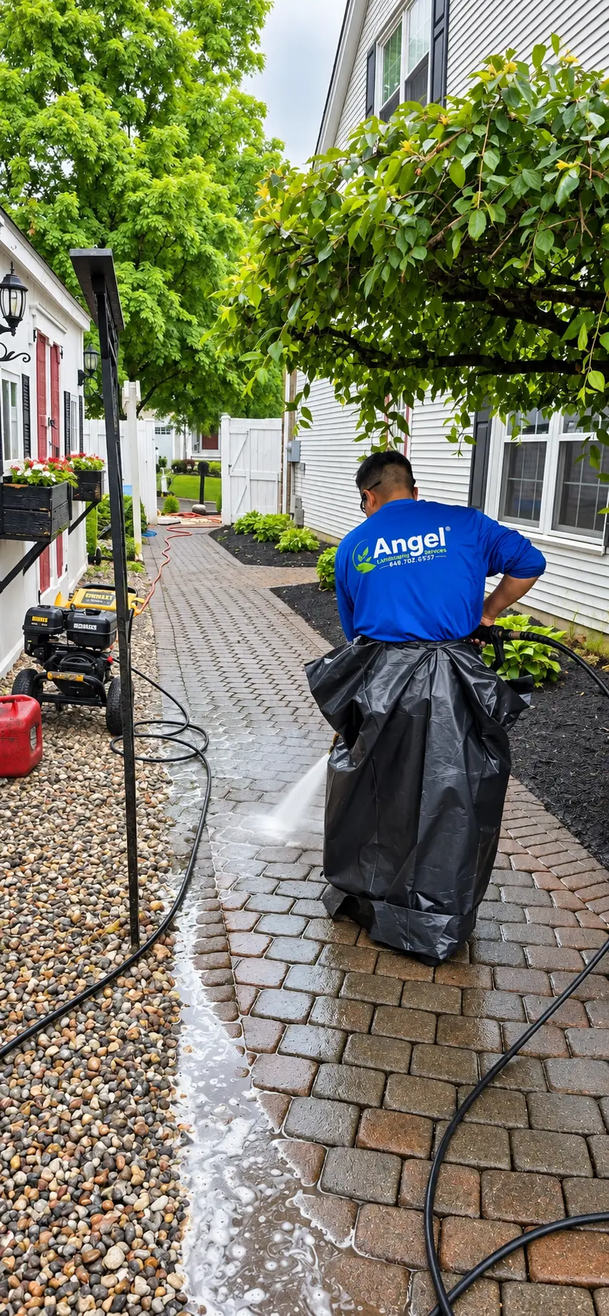 Angel Landscaping technician power washing a paver walkway between two houses