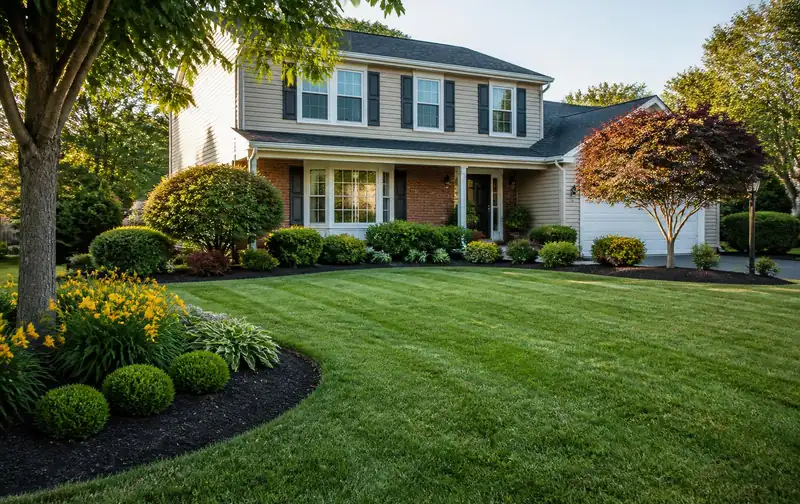 Freshly mowed lawn and mulched garden beds at a home in Manville, NJ